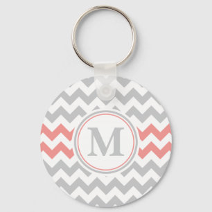 Girly Pink Gray Chevron Pattern met Monogram Sleutelhanger