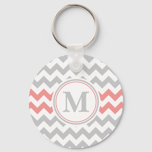 Girly Pink Gray Chevron Pattern met Monogram Sleutelhanger (Voorkant)