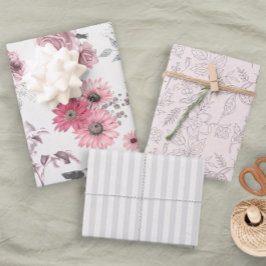 Girly Pink Gray Floral Pastel Inpakpapier Vel