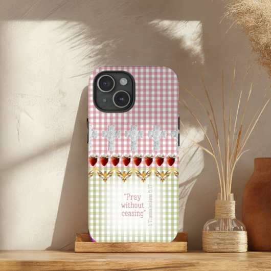 Girly Pink Green Check Cross Strawberry Dove Faith Case-Mate iPhone Case