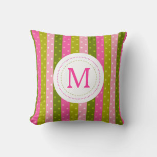 Girly Pink & Green Polka Dot Stripes Monogram Kussen