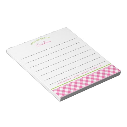 Girly Pink & Green Script Gingham Lined Notitieblok (Schuin)