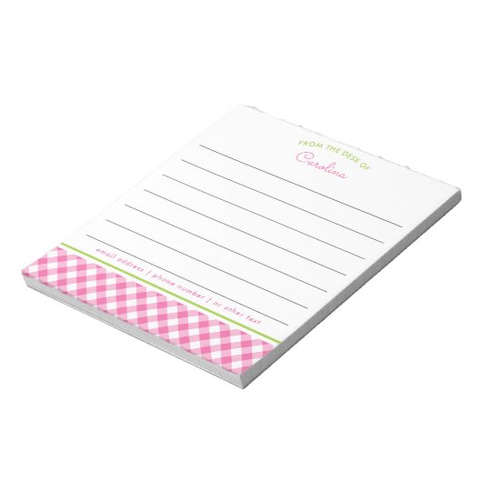 Girly Pink & Green Script Gingham Lined Notitieblok (Linkerzijde)