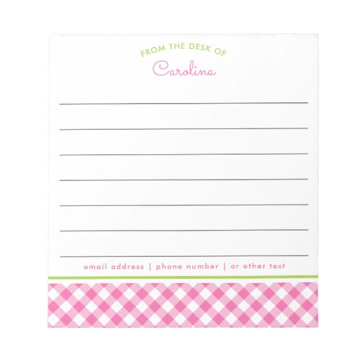 Girly Pink & Green Script Gingham Lined Notitieblok (Voorkant)