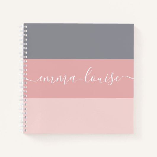 Girly Pink Grey Stripe Hand Lettered Naam Notitieboek (Voorkant)