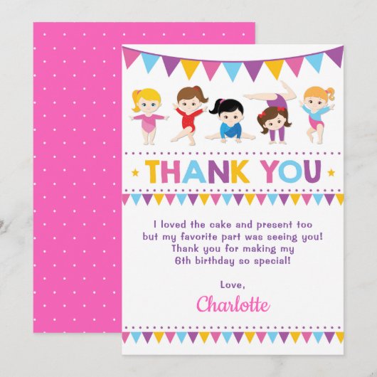 Girly Pink Gymnastics Birthday Gym Party Bedankkaart (Voorkant / Achterkant)