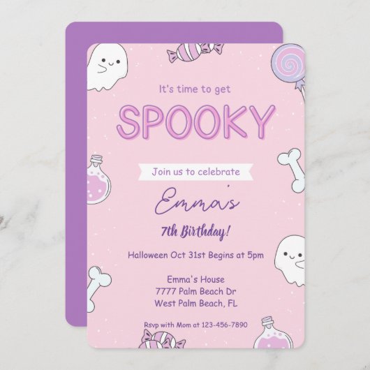 Girly Pink Halloween Kids verjaardagsuitnodiging Kaart (Voorkant / Achterkant)