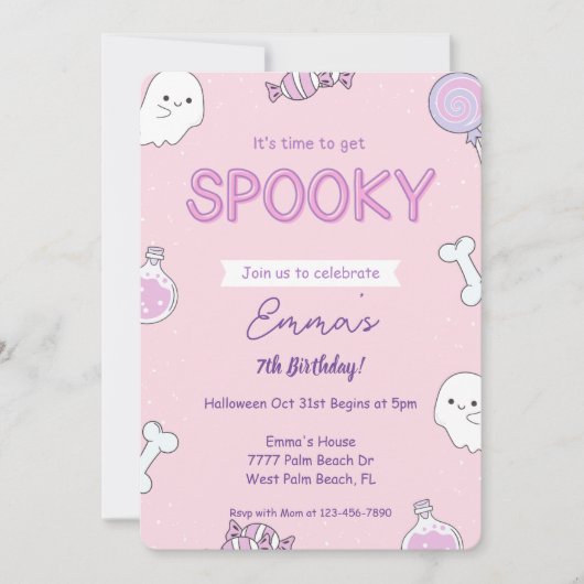 Girly Pink Halloween Kids verjaardagsuitnodiging Kaart (Voorkant)