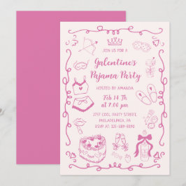 Girly Pink Hand Drawn Galentine's Pajama Party Kaart