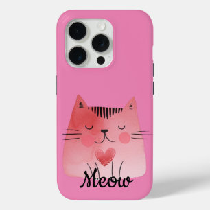 Girly Pink Heart Cat iPhone 15 Pro Case