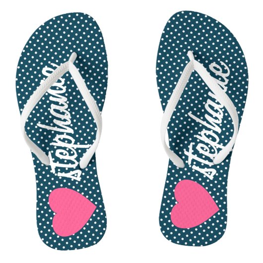 Girly Pink Heart met Trendy Polka Dots and Name Teenslippers (Voetbed)