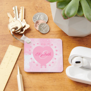 Girly Pink Heart Monogram Initiaal Waterverf Sleutelhanger