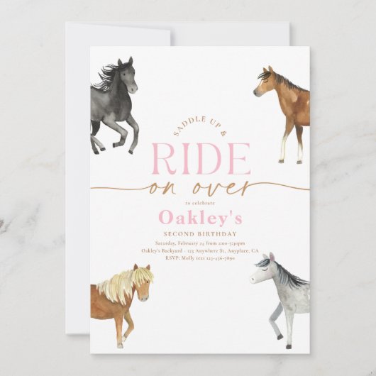 Girly Pink Horse Verjaardag Uitnodiging (Voorkant)