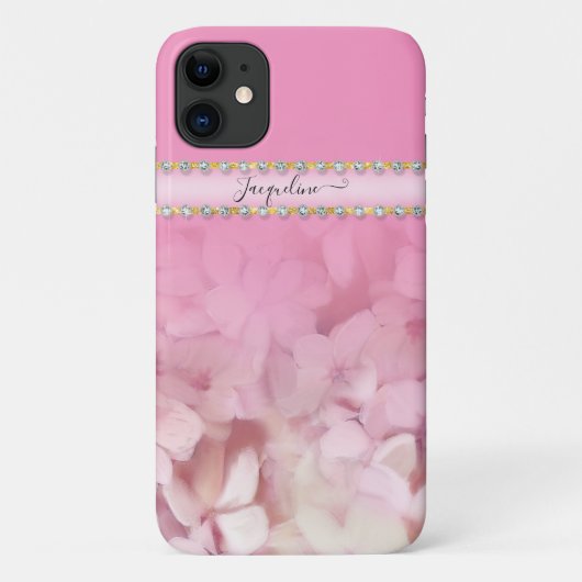 Girly Pink Hydrangea Floral Gold Glitter Jewels Case-Mate iPhone Case (Achterkant)