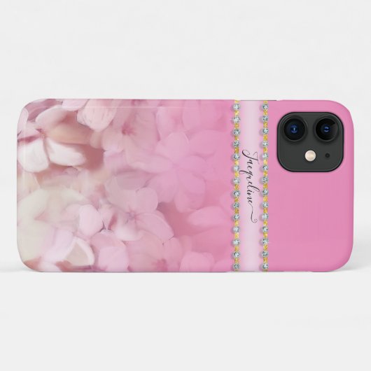 Girly Pink Hydrangea Floral Gold Glitter Jewels Case-Mate iPhone Case (Achterkant (horizontaal))