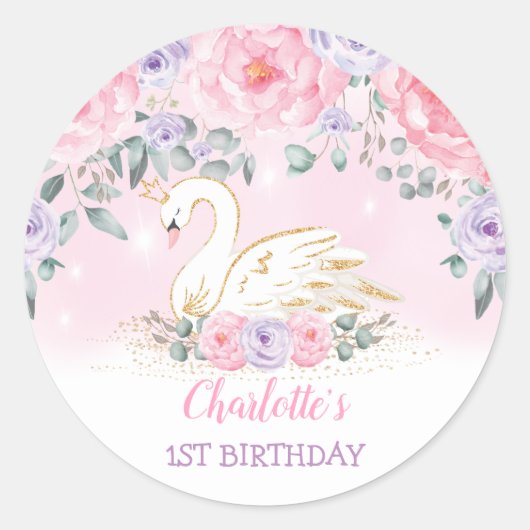 Girly Pink Lavendel Swan Prinses Verjaardagsgunste Ronde Sticker (Voorkant)