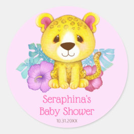 Girly Pink Leopard Baby shower Ronde Sticker