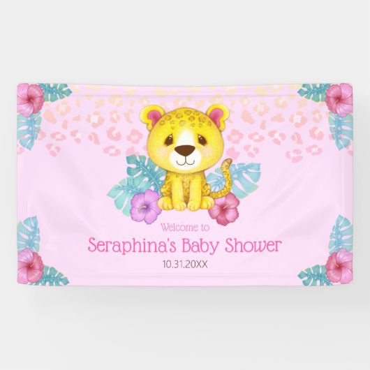 Girly Pink Leopard Baby shower Welkom Spandoek (Horizontaal)
