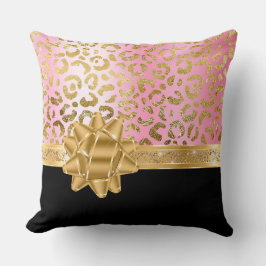 Girly Pink Leopard & Black Gold Bow Ribbon Kussen