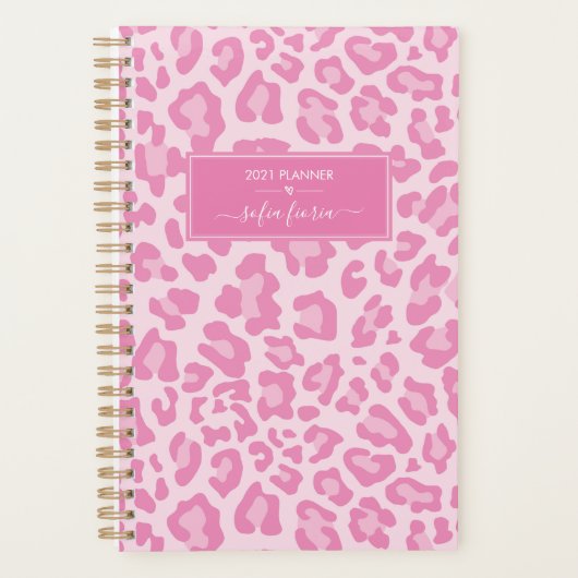Girly Pink Leopard Elegant Script Name 2021 Planner (Voorkant)