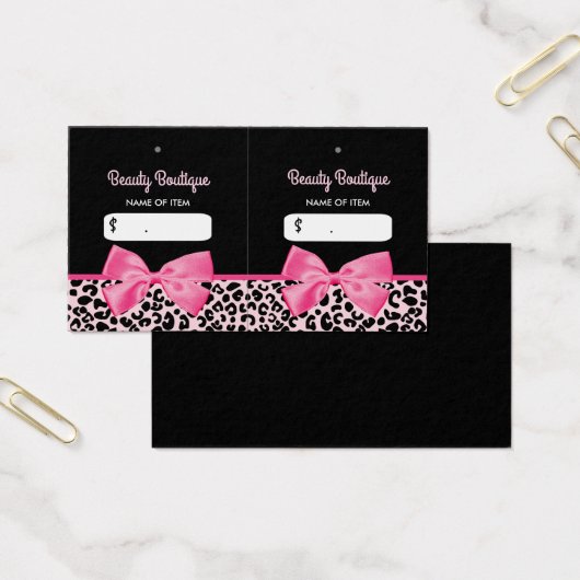 Girly Pink Leopard Print Bow Boutique Hang Labels Visitekaartjes (Kantoor)