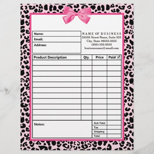 Girly Pink Leopard Print Bow Boutique Order Forms Gepersonaliseerd Briefhoofd (Voorkant)