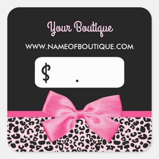 Girly Pink Leopard Print Bow Boutique Prijs Label (Voorkant)