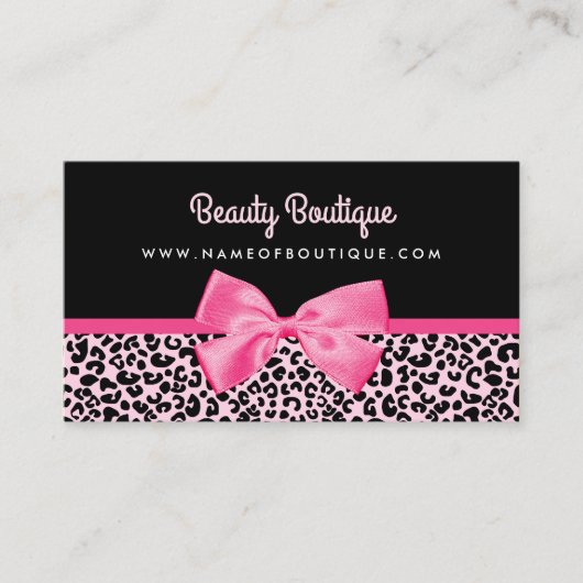 Girly Pink Leopard Print Cute Bow Beautique Visitekaartje (Voorkant)