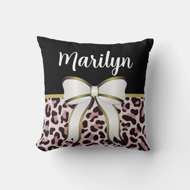 Girly Pink Leopard Print Girly Bow Name Roos Gold Kussen (Voorkant)