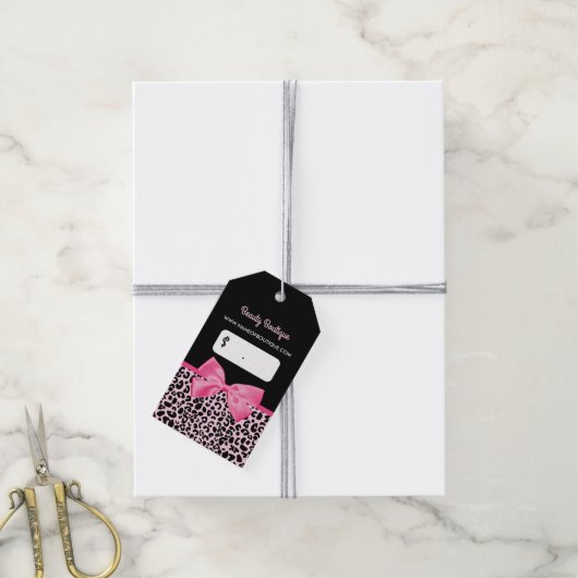 Girly Pink Leopard Print Schattigee Boog Foto Prij Cadeaulabel (Met Touw)