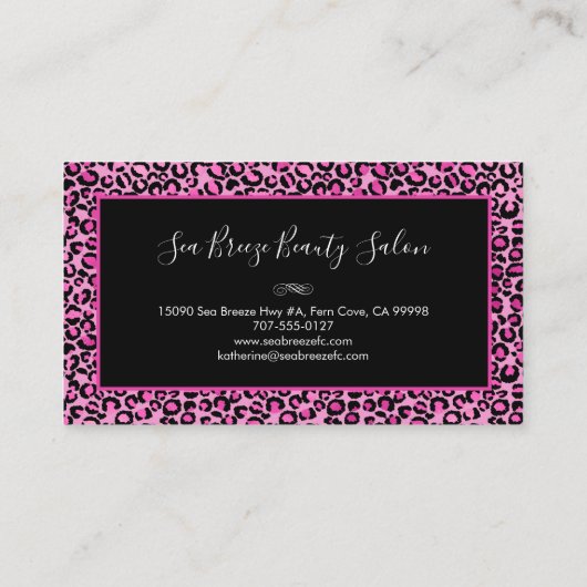 Girly Pink Leopard Spots Elegant Black Monogram Visitekaartje (Achterkant)