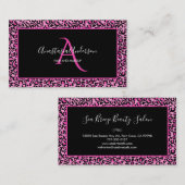 Girly Pink Leopard Spots Elegant Black Monogram Visitekaartje (Voorkant / Achterkant)