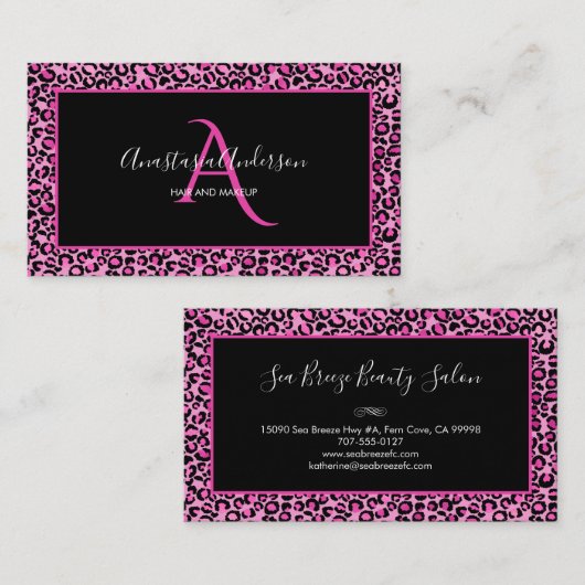 Girly Pink Leopard Spots Elegant Black Monogram Visitekaartje (Voorkant / Achterkant)
