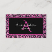 Girly Pink Leopard Spots Elegant Black Monogram Visitekaartje (Voorkant)