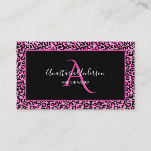 Girly Pink Leopard Spots Elegant Black Monogram Visitekaartje