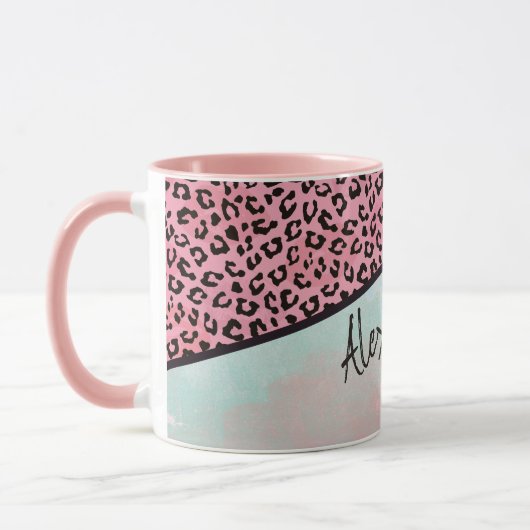 Girly Pink Leopard Waterverf Naam toevoegen Mok (Links)