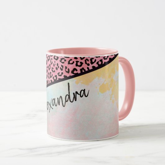 Girly Pink Leopard Waterverf Naam toevoegen Mok (Voorkant rechts)