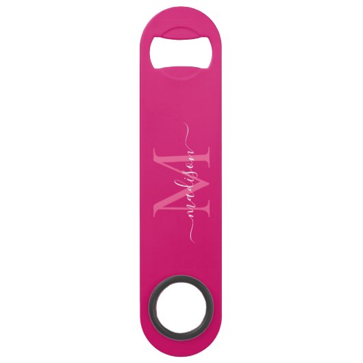 Girly Pink Magenta White Monogram Elegant Script Speed Flessenopener (Voorkant)
