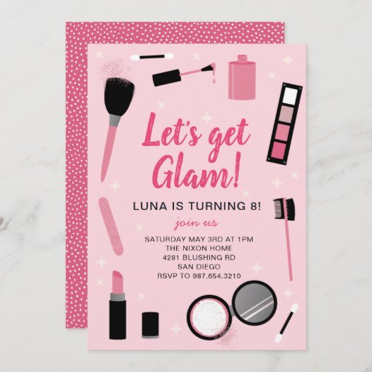 Girly Pink Makeup Glamor Birthday Uitnodiging (Voorkant / Achterkant)