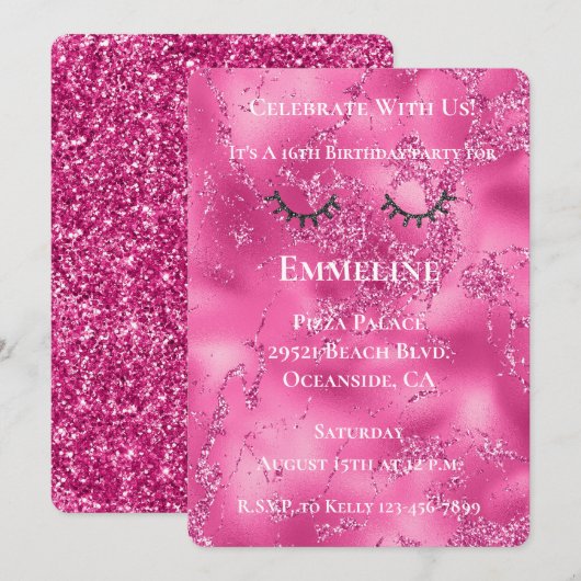 Girly Pink Marble Glitzy Black Glitter Wimpers Kaart (Voorkant / Achterkant)