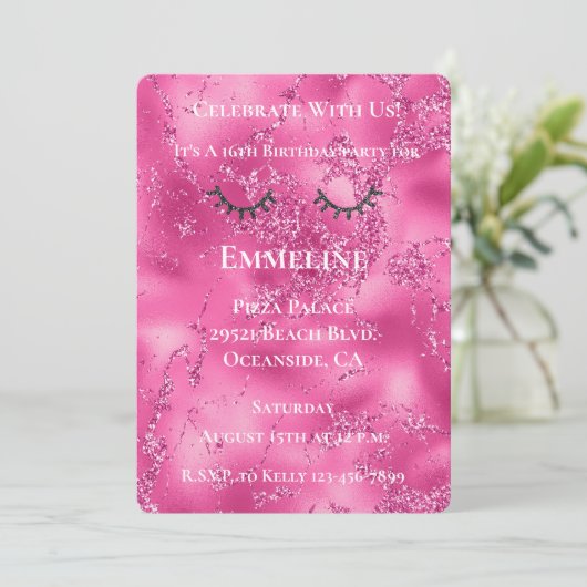 Girly Pink Marble Glitzy Black Glitter Wimpers Kaart (Staand voorkant)