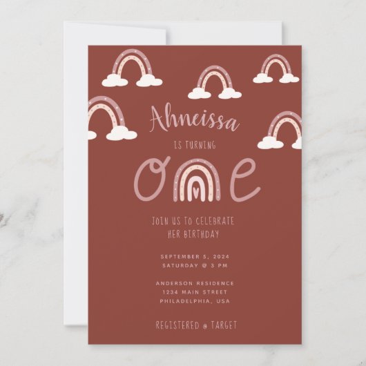 Girly Pink Maroon Rainbow Clouds First Dag Kaart (Voorkant)