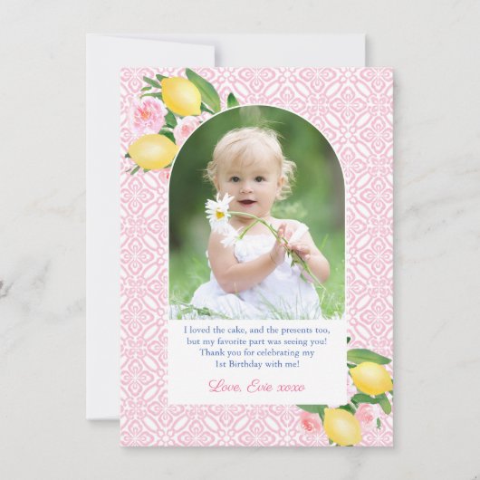 Girly Pink Met Citrus Lemons Verjaardagsfeestfoto Bedankkaart (Voorkant)