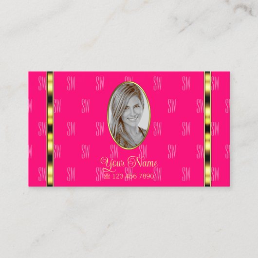 Girly Pink met foto's met patterned Letters Gold D Visitekaartje (Voorkant)
