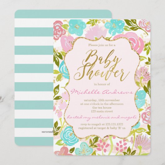 Girly Pink Mint Gold Baby shower Kaart (Voorkant / Achterkant)