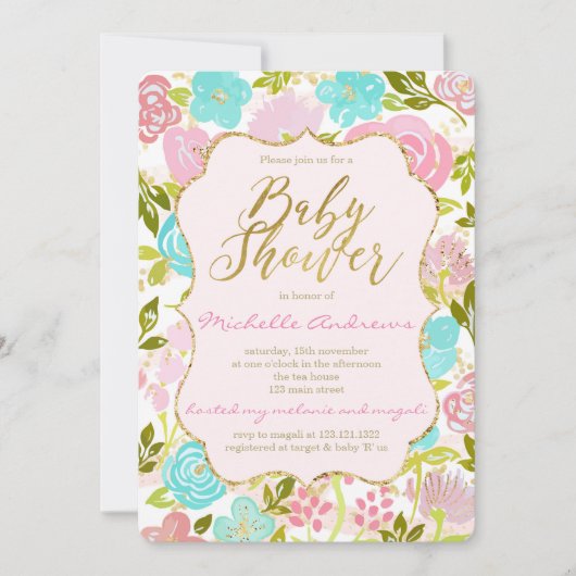 Girly Pink Mint Gold Baby shower Kaart (Voorkant)