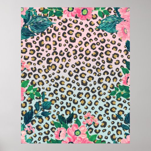 Girly Pink Mint Ombre Floral Glitter Leopard Print (Voorkant)
