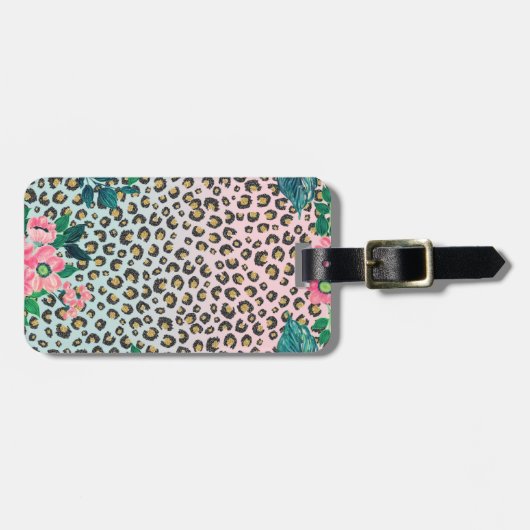 Girly Pink Mint Ombre Floral Glitter Leopard Print Bagagelabel (Voorkant horizontaal)