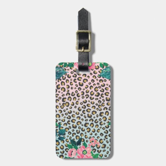 Girly Pink Mint Ombre Floral Glitter Leopard Print Bagagelabel (Voorkant verticaal)