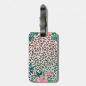 Girly Pink Mint Ombre Floral Glitter Leopard Print Bagagelabel (Achterkant verticaal)